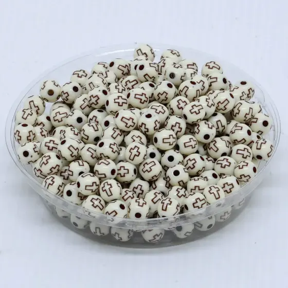 Bola Com Cruz Passante 08Mm Em Acrilico Com 50Gr645 - Bege E Marrom Mesclado