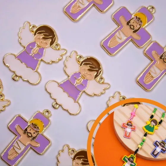 Entremeio Anjo Nuvem E Crucifixo Em Zamac Resinado Com 02 Pecas - Lilas