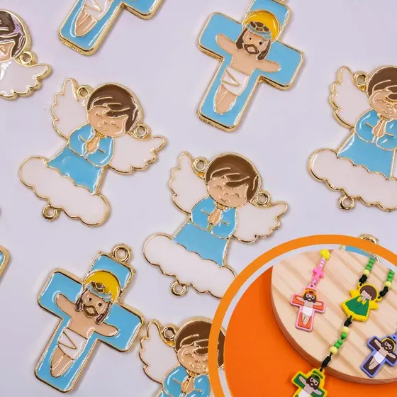 Entremeio Anjo Nuvem E Crucifixo Em Zamac Resinado Com 02 Pecas - Azul Bebe