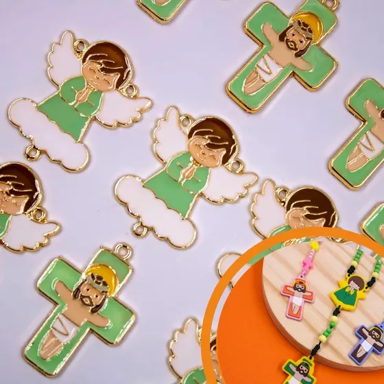 Entremeio Anjo Nuvem E Crucifixo Em Zamac Resinado Com 02 Pecas - Verde Bebe