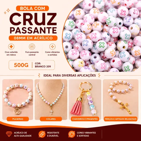 Bola Com Cruz Passante 08Mm Em Acrilico Com 500Gr 209 - Branco 209