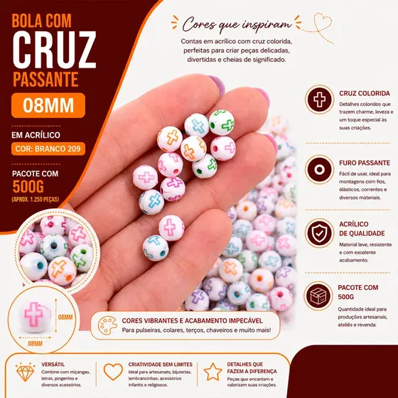 Bola Com Cruz Passante 08Mm Em Acrilico Com 500Gr 209 - Branco 209