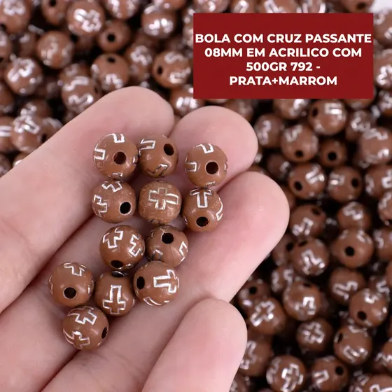 Bola Com Cruz Passante 08Mm Em Acrilico Com 500Gr 792 - Prata+Marrom