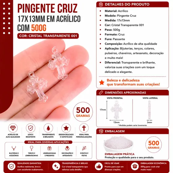 Pingente Cruz 17X13Mm Em Acrilico Com 500Gr
