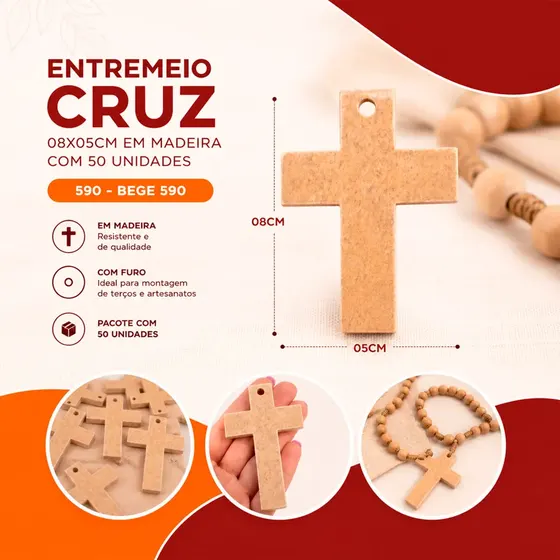 Entremeio Cruz 08X05Cm Em Madeira Com 50 Unidades
