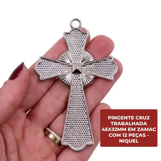 Pingente Cruz Trabalhada 45X32Mm Em Zamac Com 12 Pecas - Niquel