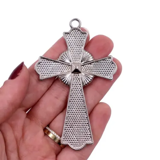 Pingente Cruz Trabalhada 45X32Mm Em Zamac Com 12 Pecas - Niquel