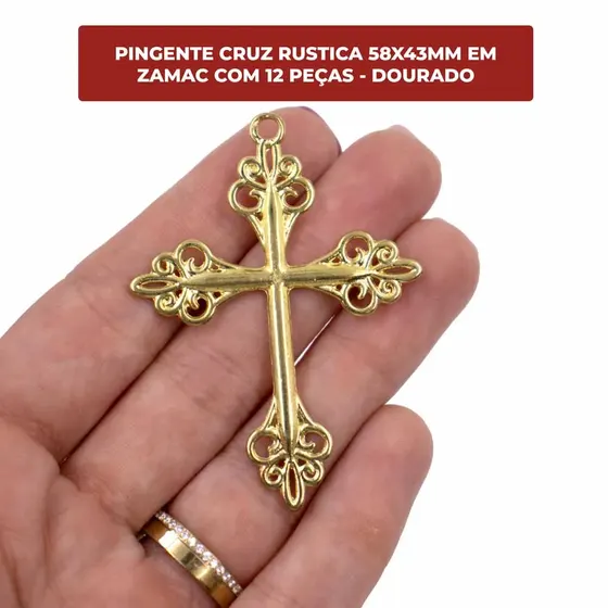 Pingente Cruz Rustica 58X43Mm Em Zamac Com 12 Pecas - Dourado