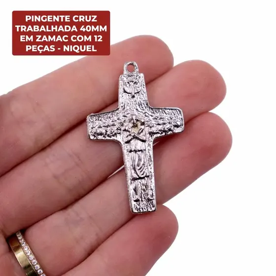 Pingente Cruz Trabalhada 40Mm Em Zamac Com 12 Pecas - Niquel