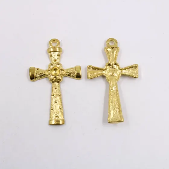 Pingente Cruz Com Flor 53Mm Em Zamac Com 12 Pecas - Dourado