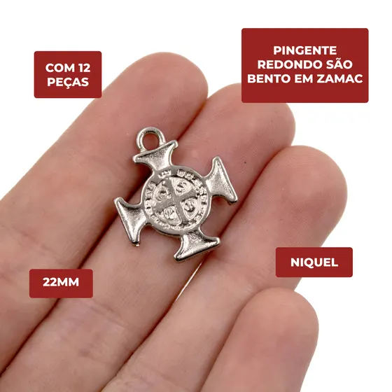 Pingente Redondo Sao Bento 22Mm Em Zamac Com 12 Pecas - Niquel