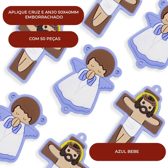 Aplique Cruz E Anjo (Nuvem) 50X40Mm Emborrachado Com 50 Pecas - Azul Bebe
