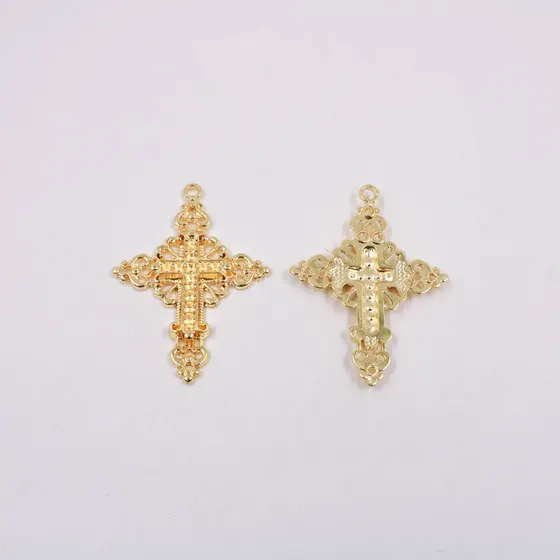 Pingente Cataforetico Cruz Trabalhada 64X43Mm Em Zamac Com 10 Pecas - Dourado