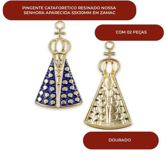 Pingente Cataforetico Resinado Nossa Senhora Aparecida 53X30Mm Em Zamac Com 02 Pecas - Dourado