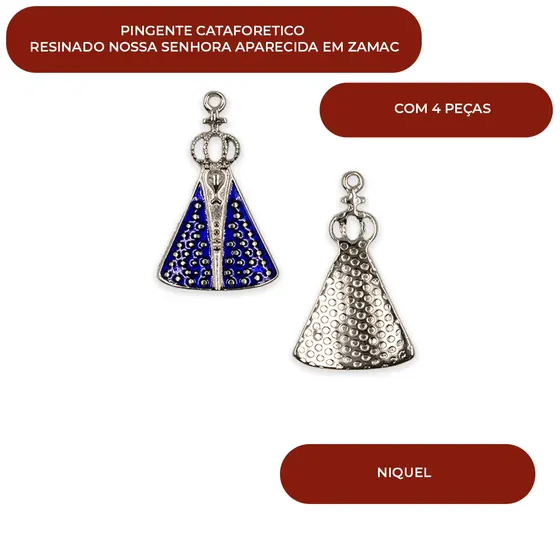Pingente Cataforetico Resinado Nossa Senhora Aparecida Em Zamac Com 04 Pecas - Niquel