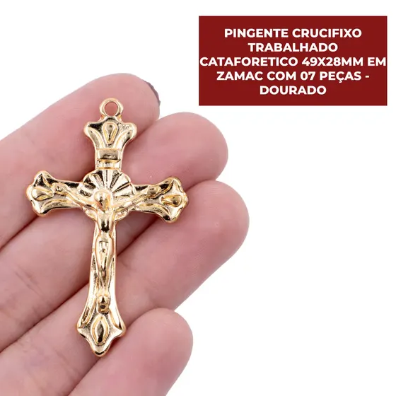 Pingente Crucifixo Trabalhado Cataforetico 49X28Mm Em Zamac Com 07 Pecas - Dourado