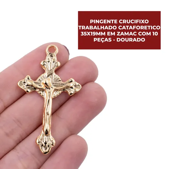 Pingente Crucifixo Trabalhado Cataforetico 48X28Mm Em Zamac Com 10 Pecas - Dourado