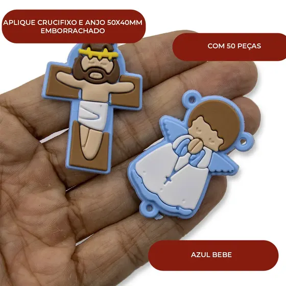 Aplique Crucifixo E Anjo 50X40Mm Emborrachado Com 50 Pecas - Azul Bebe