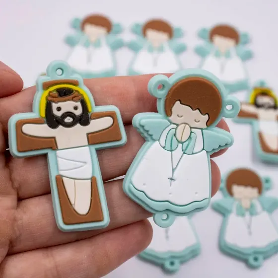 Aplique Crucifixo E Anjo 50X40Mm Emborrachado Com 50 Pecas - Verde Agua