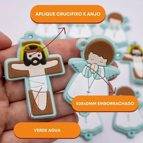 Aplique Crucifixo E Anjo 50X40Mm Emborrachado Com 50 Pecas - Verde Agua