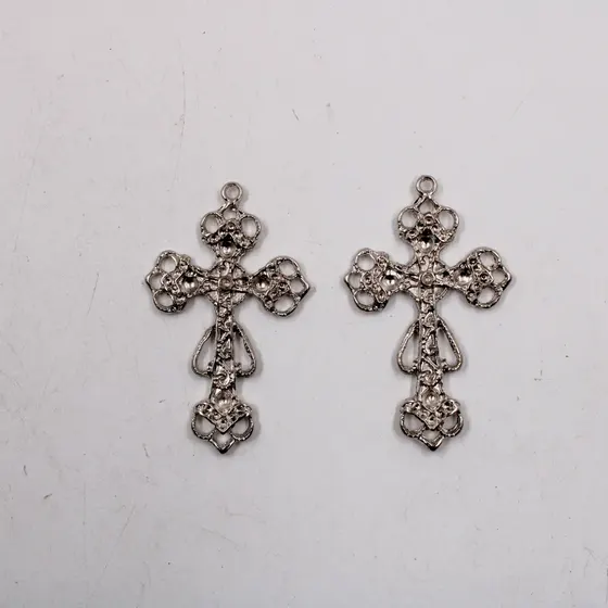 Pingente Cruz Trabalhada 52X33Mm Em Zamac Com 12 Pecas - Niquel