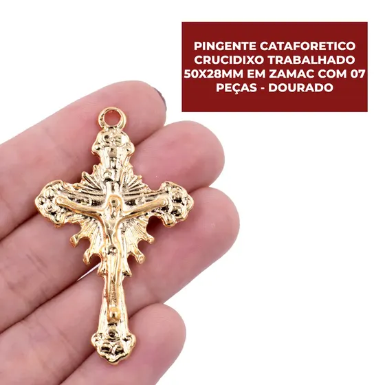 Pingente Cataforetico Crucifixo Trabalhado 50X28Mm Em Zamac Com 07 Pecas - Dourado