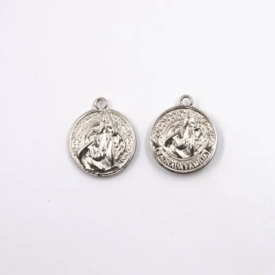 Pingente Medalha Sagrada Familia 24Mm Em Zamac Com 12 Pecas - Niquel