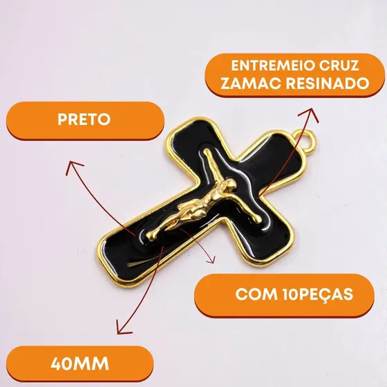 Pingente Cruz 40Mm Em Zamac Resinado Com 10 Pecas