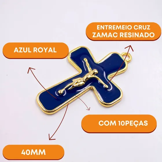 Pingente Cruz 40Mm Em Zamac Resinado Com 10 Pecas - Azul Royal