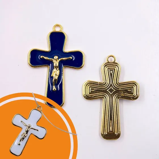Pingente Cruz 40Mm Em Zamac Resinado Com 10 Pecas - Azul Royal
