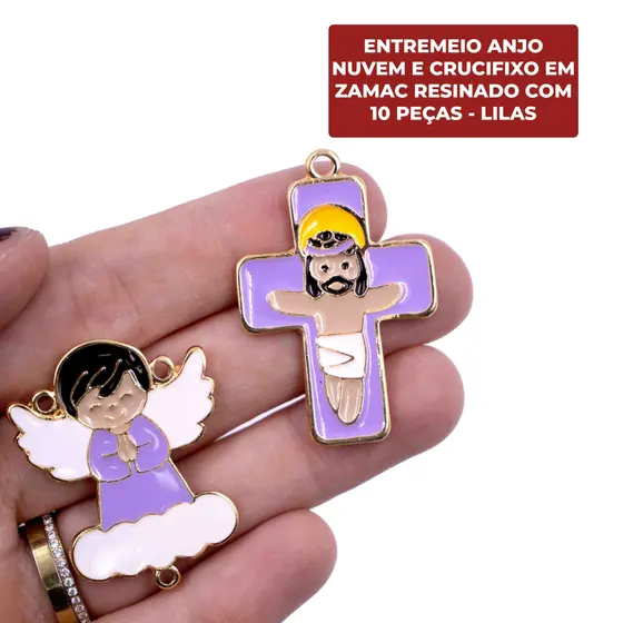 Entremeio Anjo Nuvem E Crucifixo Em Zamac Resinado Com 10 Pecas - Lilas