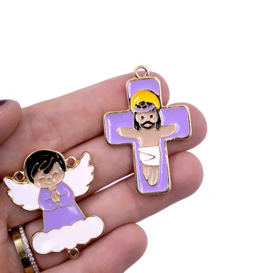 Entremeio Anjo Nuvem E Crucifixo Em Zamac Resinado Com 10 Pecas - Lilas