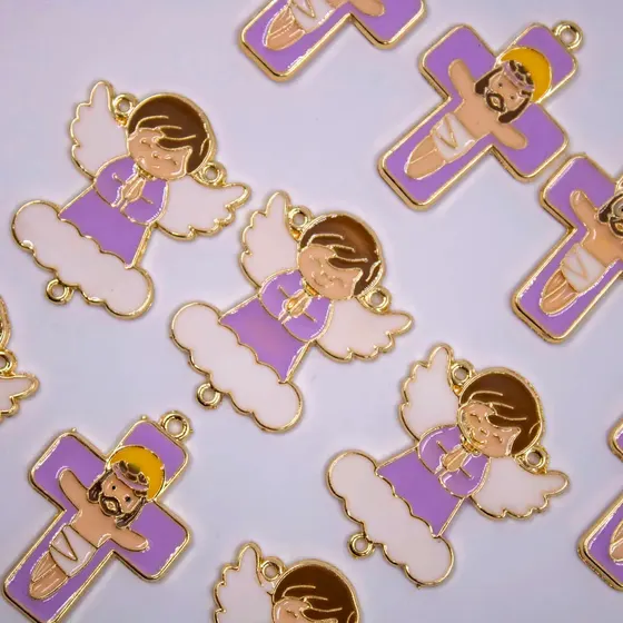 Entremeio Anjo Nuvem E Crucifixo Em Zamac Resinado Com 10 Pecas - Lilas