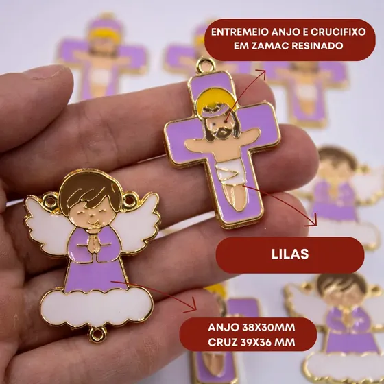 Entremeio Anjo Nuvem E Crucifixo Em Zamac Resinado Com 10 Pecas - Lilas