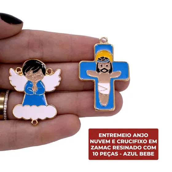 Entremeio Anjo Nuvem E Crucifixo Em Zamac Resinado Com 10 Pecas - Azul Bebe