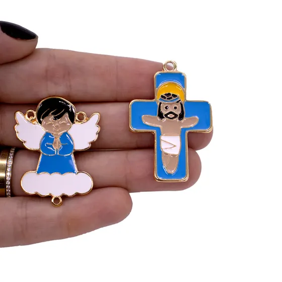 Entremeio Anjo Nuvem E Crucifixo Em Zamac Resinado Com 10 Pecas - Azul Bebe