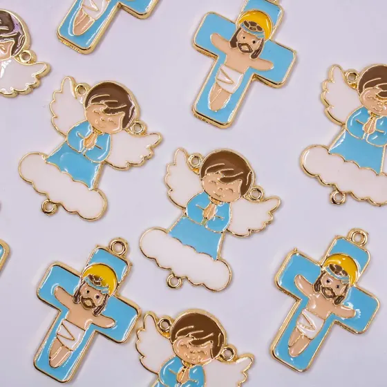 Entremeio Anjo Nuvem E Crucifixo Em Zamac Resinado Com 10 Pecas - Azul Bebe