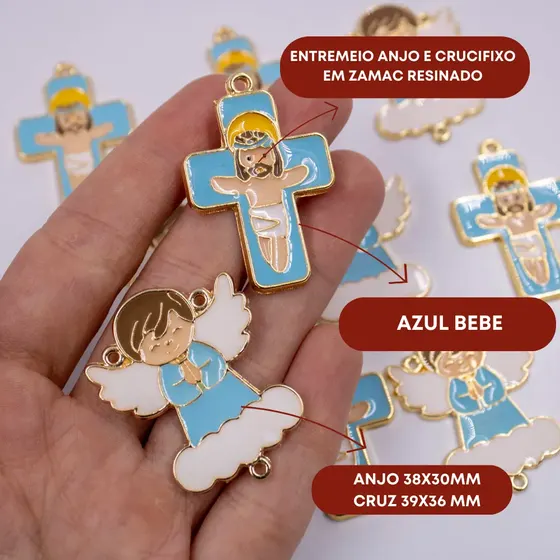 Entremeio Anjo Nuvem E Crucifixo Em Zamac Resinado Com 10 Pecas - Azul Bebe
