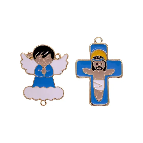 Entremeio Anjo Nuvem E Crucifixo Em Zamac Resinado Com 10 Pecas - Azul Bebe