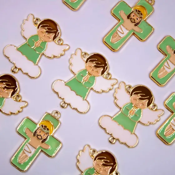 Entremeio Anjo Nuvem E Crucifixo Em Zamac Resinado Com 10 Pecas - Verde Bebe