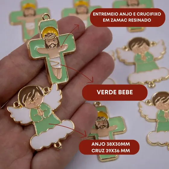 Entremeio Anjo Nuvem E Crucifixo Em Zamac Resinado Com 10 Pecas - Verde Bebe