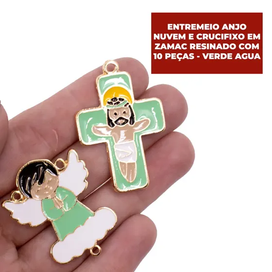 Entremeio Anjo Nuvem E Crucifixo Em Zamac Resinado Com 10 Pecas - Verde Agua