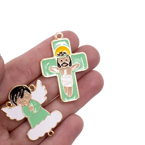 Entremeio Anjo Nuvem E Crucifixo Em Zamac Resinado Com 10 Pecas - Verde Agua