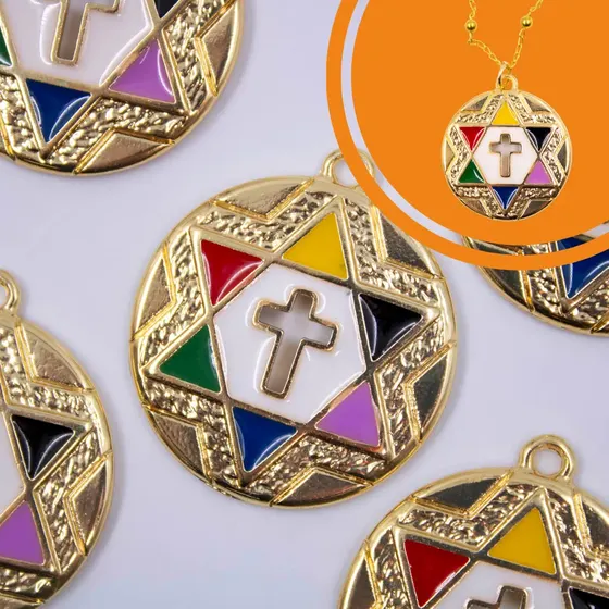 Pingente 7 Linhas Da Umbanda 30Mm Em Zamac Resinado Com 6 Pecas - Colorido Com Dourado