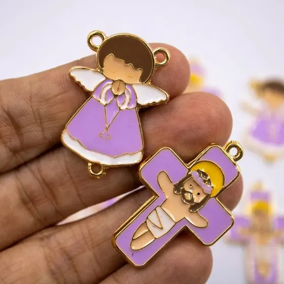 Entremeio Anjo E Cruz 35X25Mm Em Zamac Resinado Com 10 Pecas - Lilas