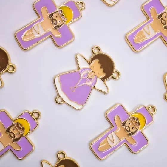Entremeio Anjo E Cruz 35X25Mm Em Zamac Resinado Com 10 Pecas - Lilas