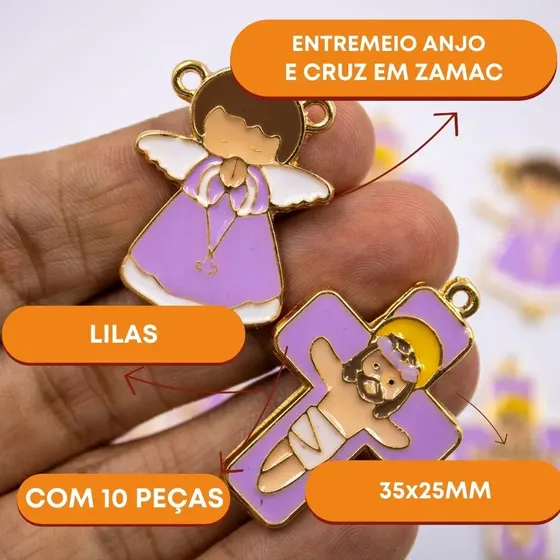Entremeio Anjo E Cruz 35X25Mm Em Zamac Resinado Com 10 Pecas - Lilas