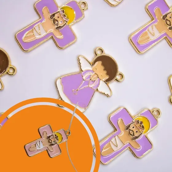 Entremeio Anjo E Cruz 35X25Mm Em Zamac Resinado Com 10 Pecas - Lilas
