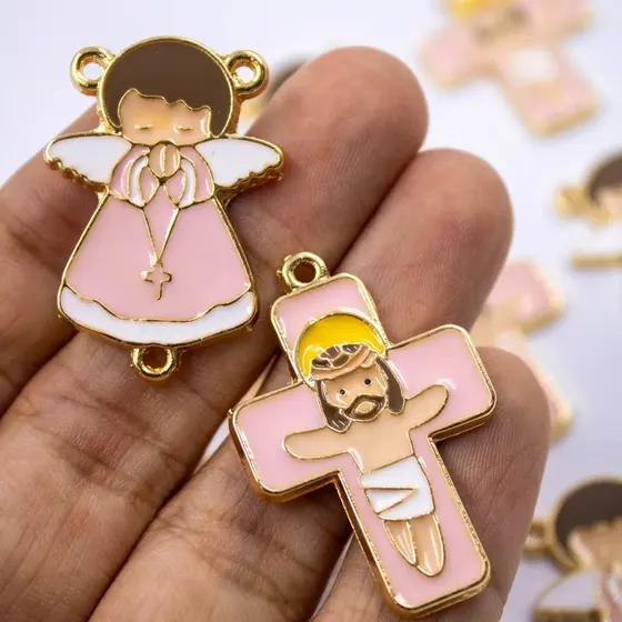 Entremeio Anjo E Cruz 35X25Mm Em Zamac Resinado Com 10 Pecas