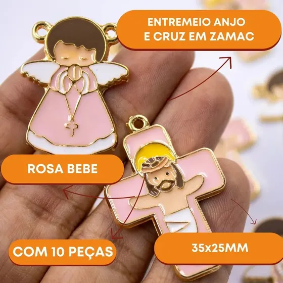 Entremeio Anjo E Cruz 35X25Mm Em Zamac Resinado Com 10 Pecas